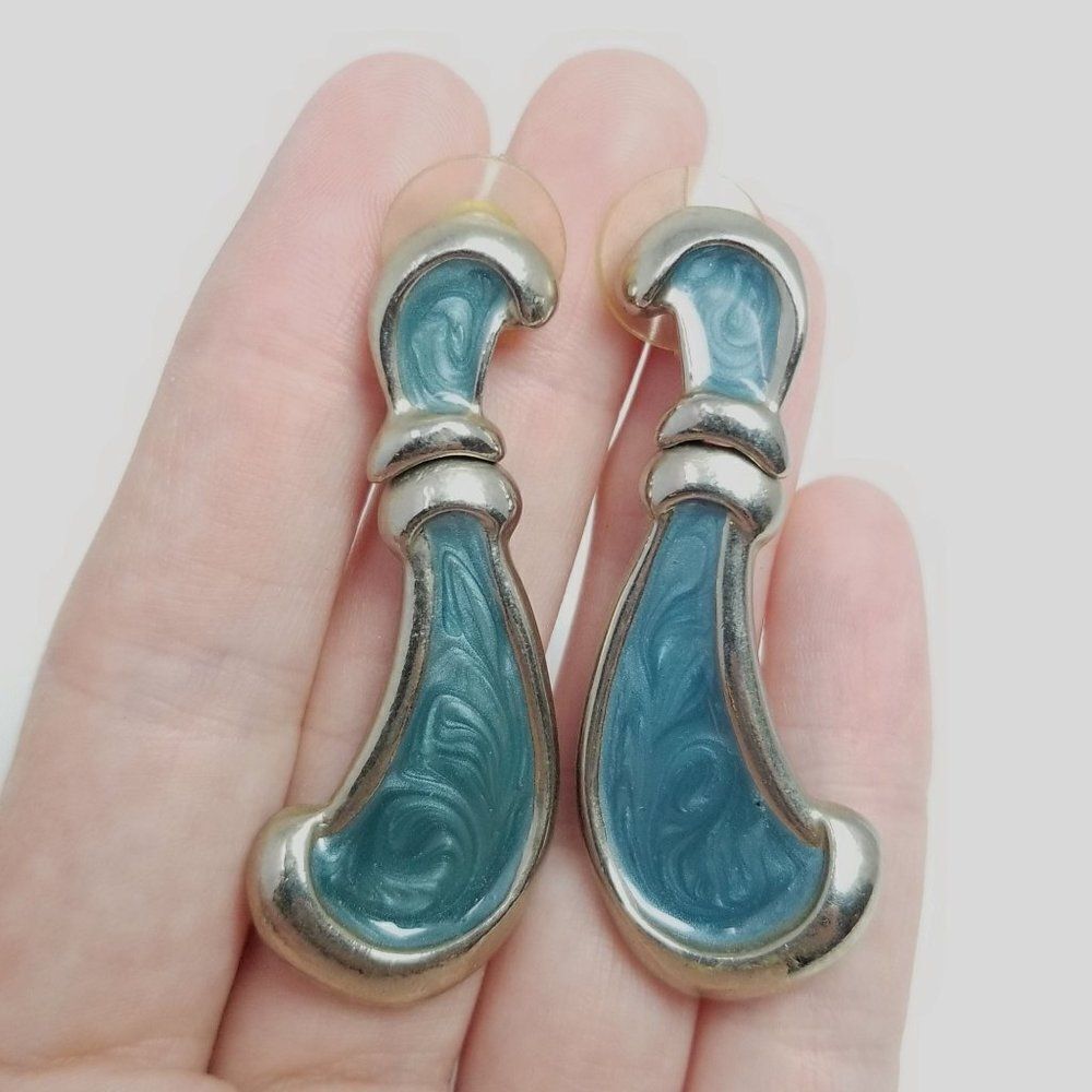 Vintage Funky Blue Enamel Dangle Stud Earrings, SIlver Tone Setting, Estate
